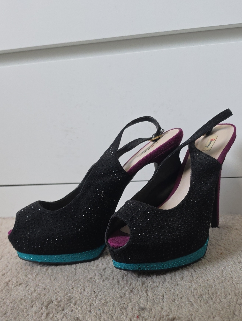 Olsenboye Black Slingback Peep-Toe Heels with Teal Platform and Purple Lining
